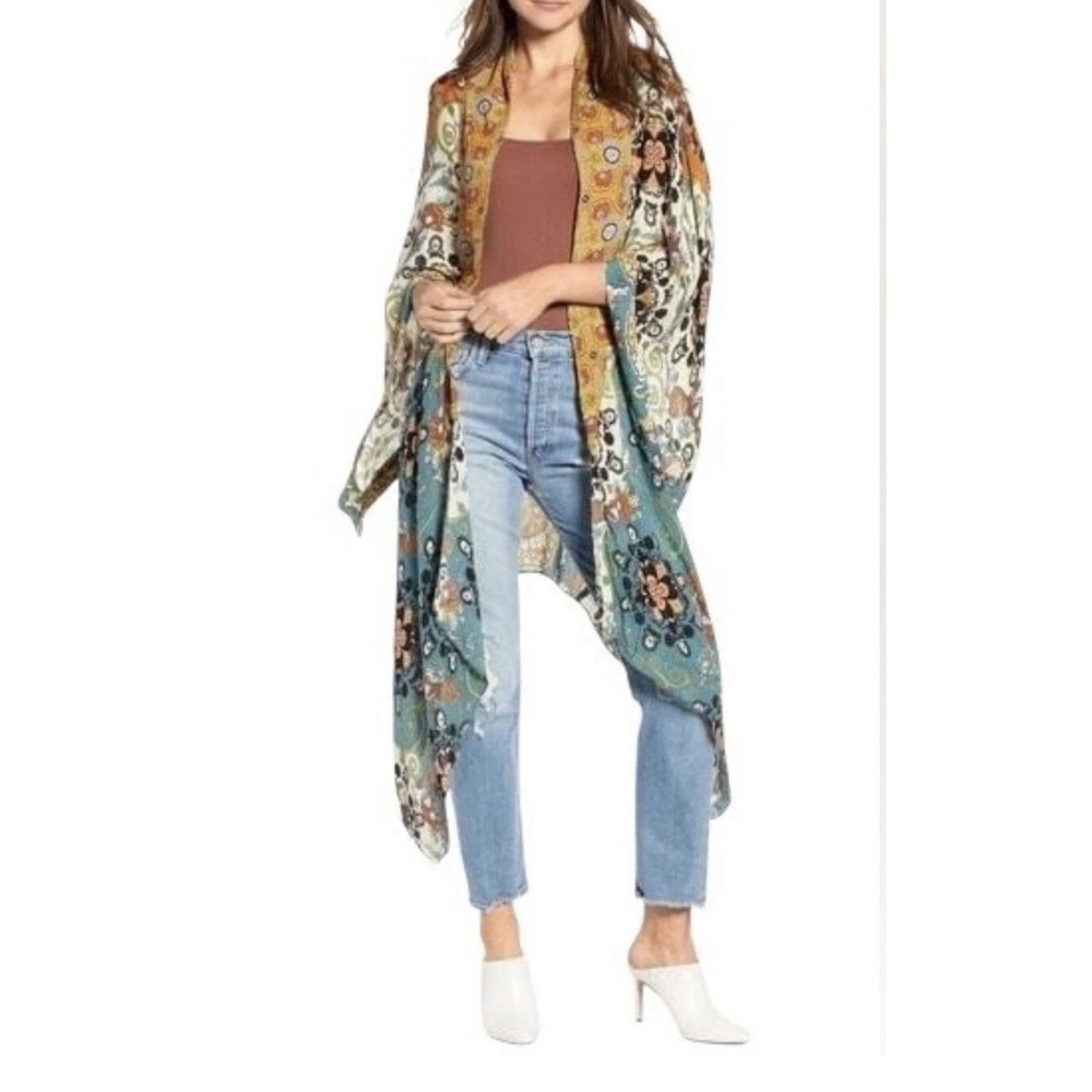 Free People Little Wings Mixed Print Kimono OS Drapey Boho Cottagecore
